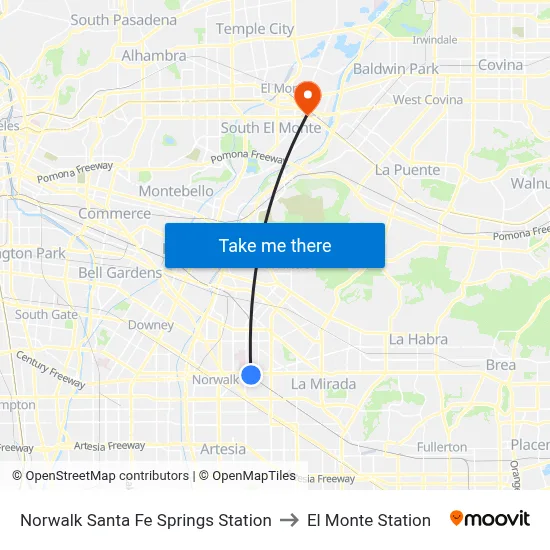 Norwalk Santa Fe Springs Station to El Monte Station map