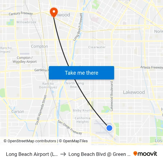 Long Beach Airport (LGB) to Long Beach Blvd @ Green Line map