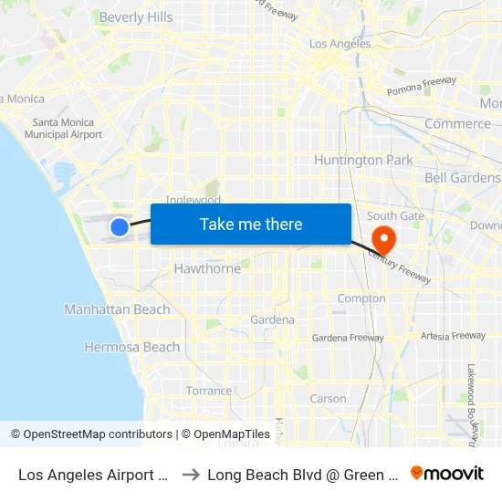 Los Angeles Airport LAX to Long Beach Blvd @ Green Line map