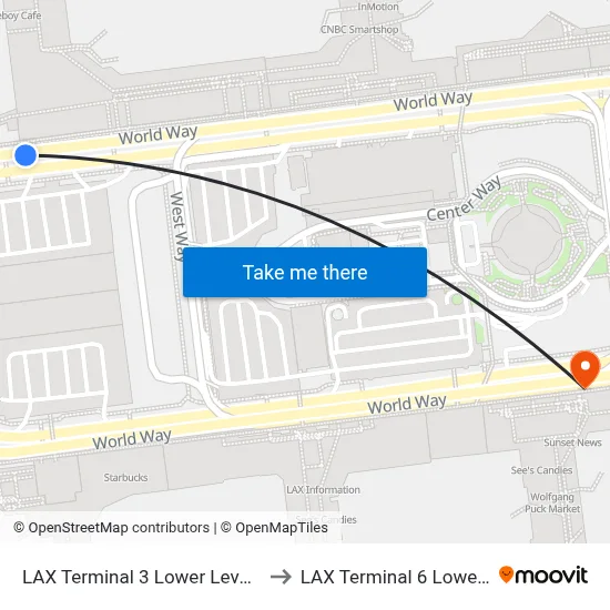 LAX Terminal 3 Lower Level pickup to LAX Terminal 6 Lower Level map