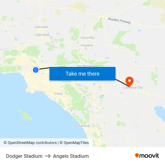 Dodger Stadium to Angels Stadium map