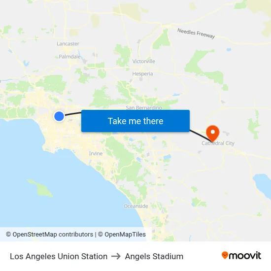 Los Angeles Union Station to Angels Stadium map