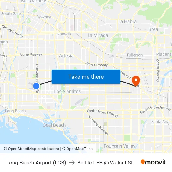 Long Beach Airport (LGB) to Ball Rd. EB @ Walnut St. map