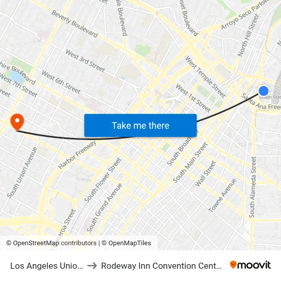 Los Angeles Union Station to Rodeway Inn Convention Center, Los Angeles map