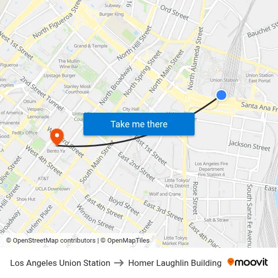 Los Angeles Union Station to Homer Laughlin Building map