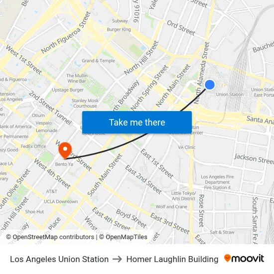 Los Angeles Union Station to Homer Laughlin Building map