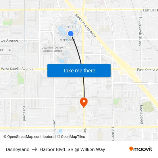 Disneyland to Harbor Blvd. SB @ Wilken Way map