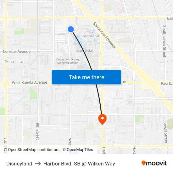 Disneyland to Harbor Blvd. SB @ Wilken Way map