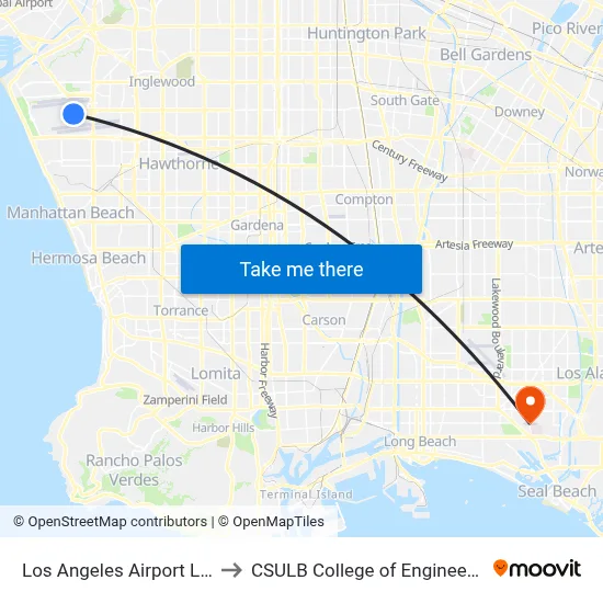 Los Angeles Airport LAX to CSULB College of Engineering map
