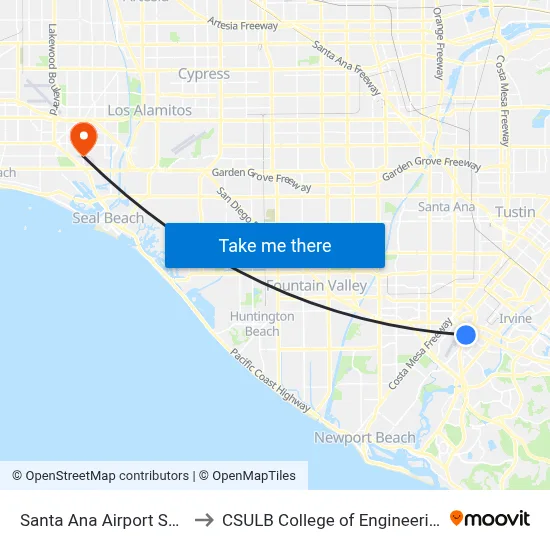 Santa Ana Airport SNA to CSULB College of Engineering map