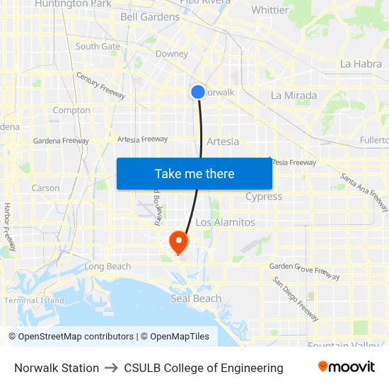 Norwalk Station to CSULB College of Engineering map