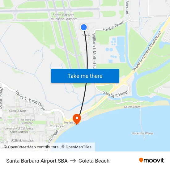 Santa Barbara Airport SBA to Goleta Beach map