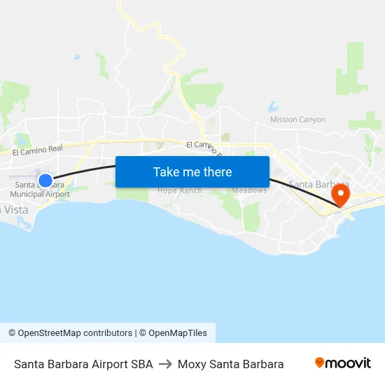 Santa Barbara Airport SBA to Moxy Santa Barbara map