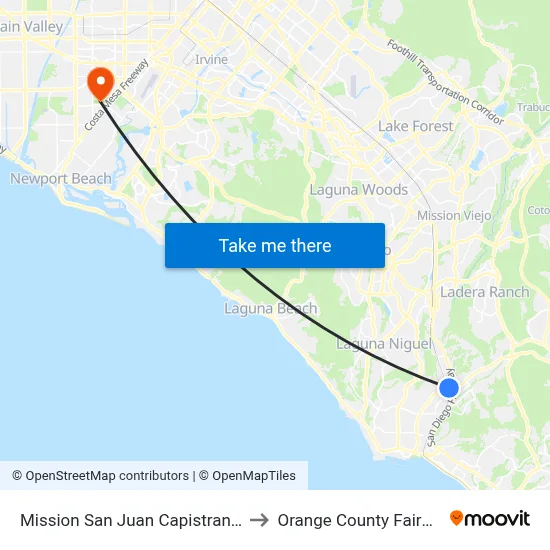 Mission San Juan Capistrano Station to Orange County Fairgrounds map