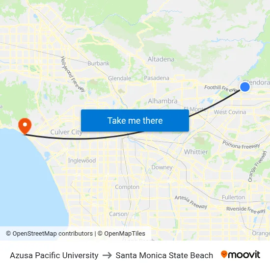 Azusa Pacific University to Santa Monica State Beach map