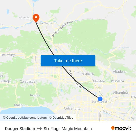 Dodger Stadium to Six Flags Magic Mountain map