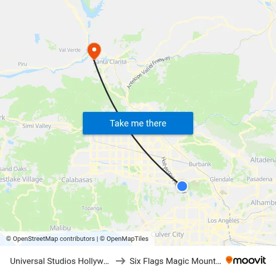 Universal Studios Hollywood to Six Flags Magic Mountain map