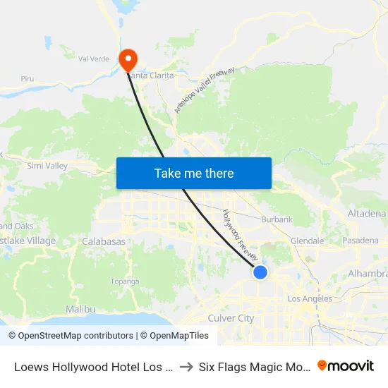 Loews Hollywood Hotel Los Angeles to Six Flags Magic Mountain map