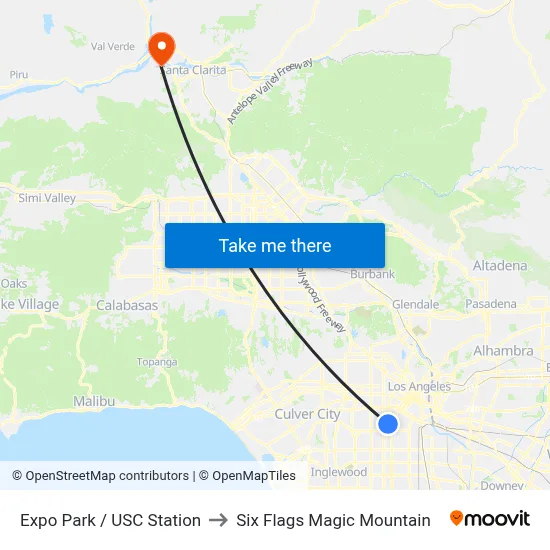 Expo Park / USC Station to Six Flags Magic Mountain map