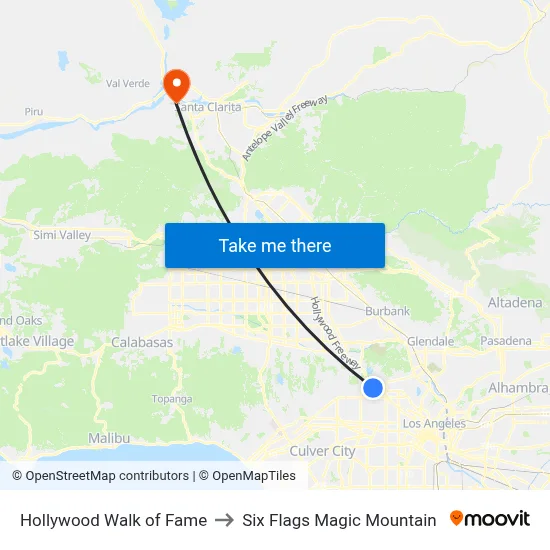 Hollywood Walk of Fame to Six Flags Magic Mountain map