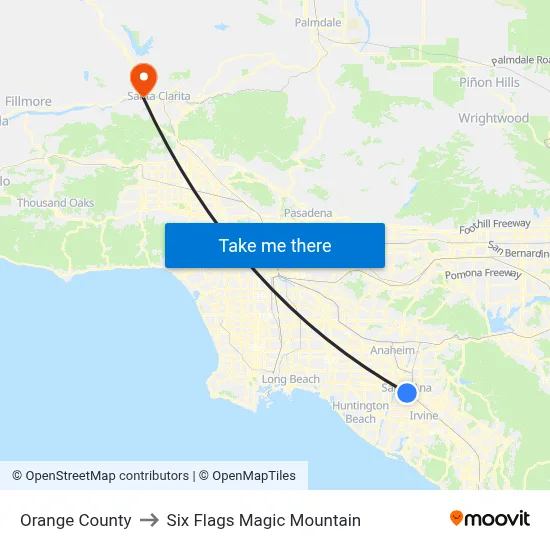 Orange County to Six Flags Magic Mountain map