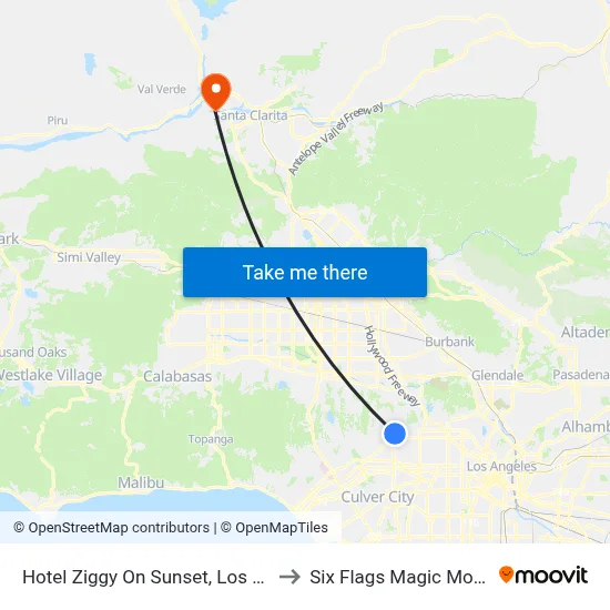 Hotel Ziggy On Sunset, Los Angeles to Six Flags Magic Mountain map