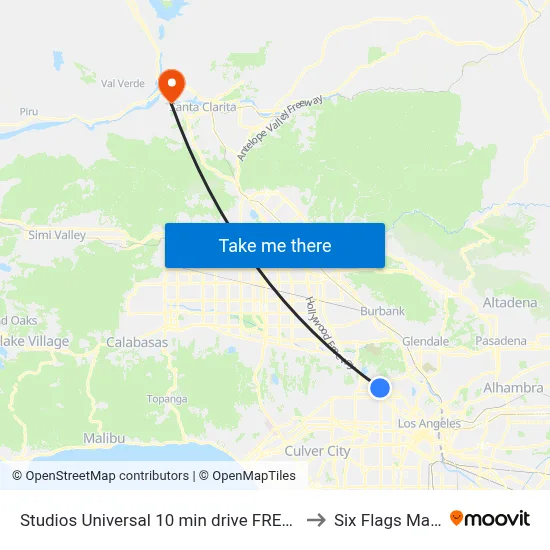 Studios Universal 10 min drive FREE parking and WIFI, Los Angeles to Six Flags Magic Mountain map