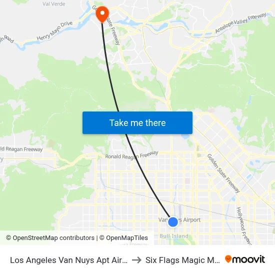 Los Angeles Van Nuys Apt Airport (VNY) to Six Flags Magic Mountain map