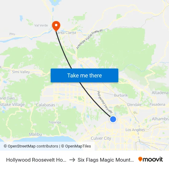 Hollywood Roosevelt Hotel to Six Flags Magic Mountain map