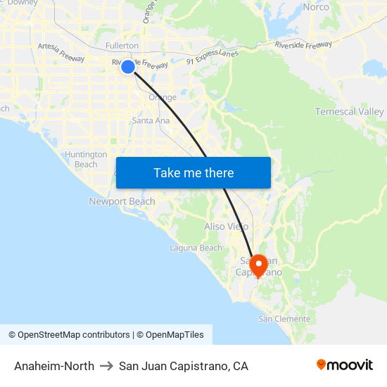 Anaheim-North to San Juan Capistrano, CA map