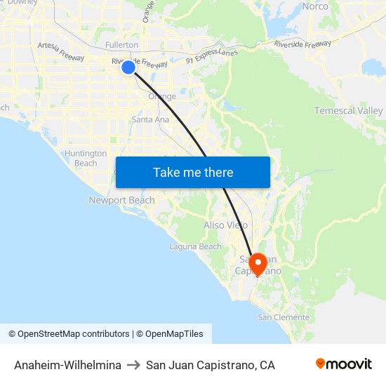 Anaheim-Wilhelmina to San Juan Capistrano, CA map