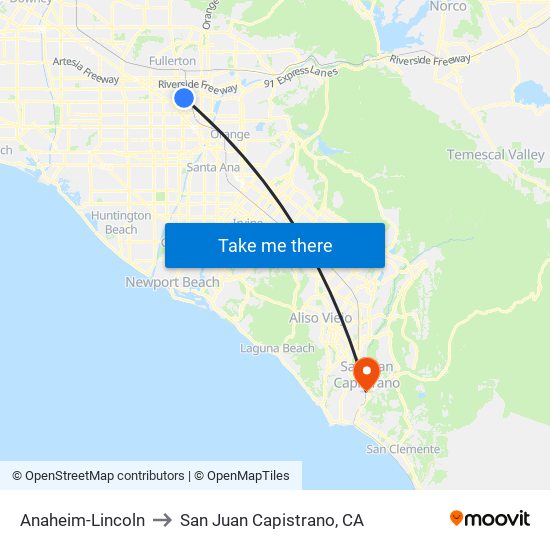 Anaheim-Lincoln to San Juan Capistrano, CA map