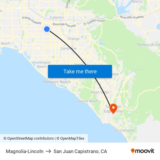 Magnolia-Lincoln to San Juan Capistrano, CA map