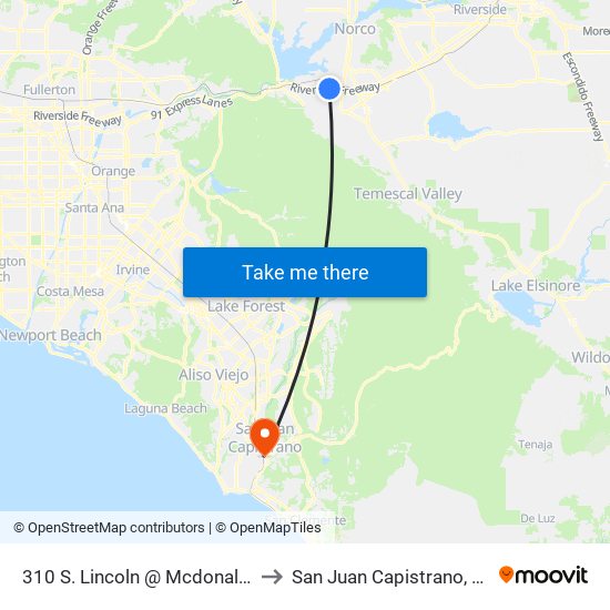 310 S. Lincoln @ Mcdonalds to San Juan Capistrano, CA map