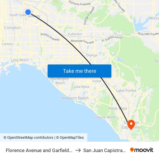 Florence Avenue and Garfield Avenue to San Juan Capistrano, CA map