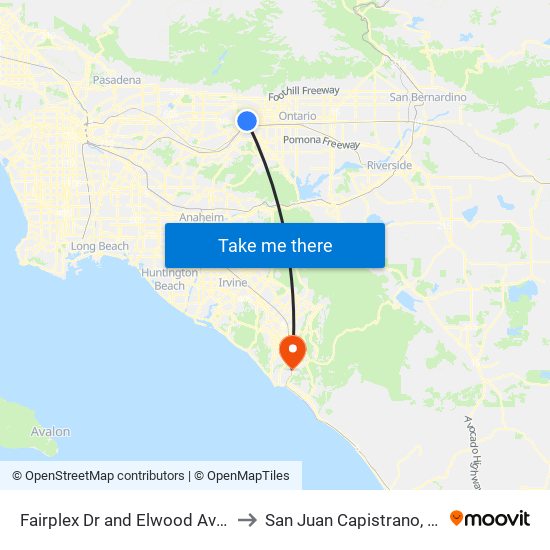 Fairplex Dr and Elwood Ave E to San Juan Capistrano, CA map