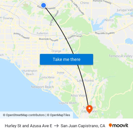 Hurley St and Azusa Ave E to San Juan Capistrano, CA map