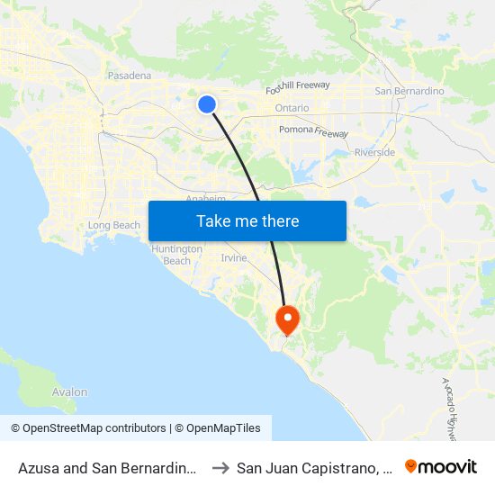 Azusa and San Bernardino N to San Juan Capistrano, CA map