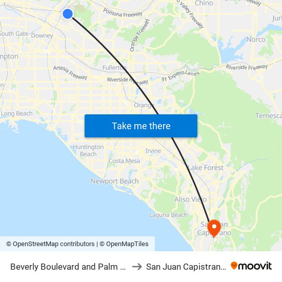 Beverly Boulevard and Palm Avenue to San Juan Capistrano, CA map