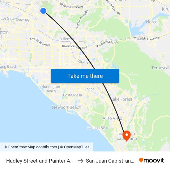 Hadley Street and Painter Avenue to San Juan Capistrano, CA map