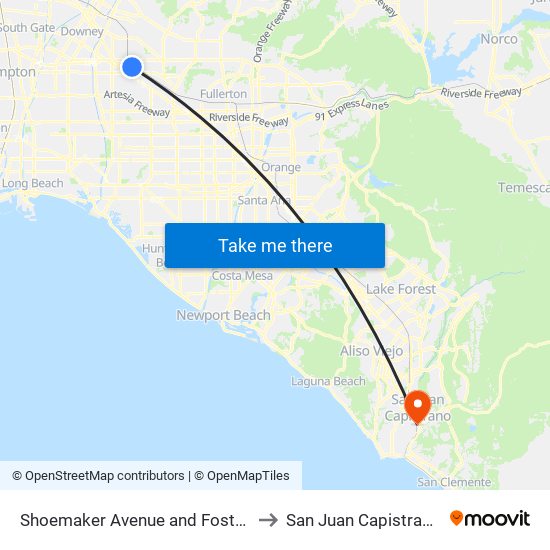 Shoemaker Avenue and Foster Road to San Juan Capistrano, CA map