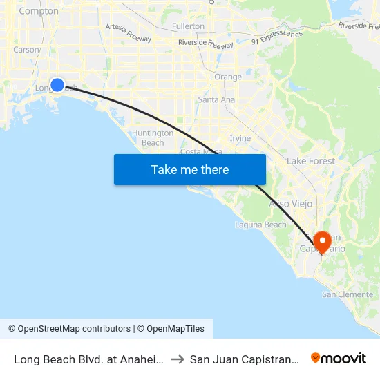 Long Beach Blvd. at Anaheim St. to San Juan Capistrano, CA map