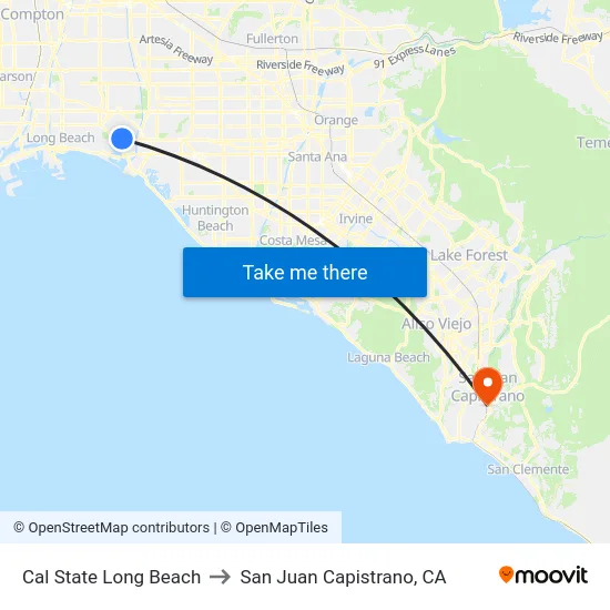 Cal State Long Beach to San Juan Capistrano, CA map