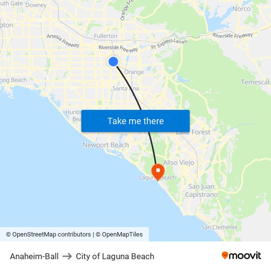 Anaheim-Ball to City of Laguna Beach map