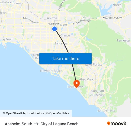 Anaheim-South to City of Laguna Beach map