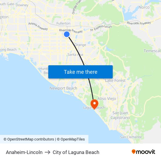 Anaheim-Lincoln to City of Laguna Beach map