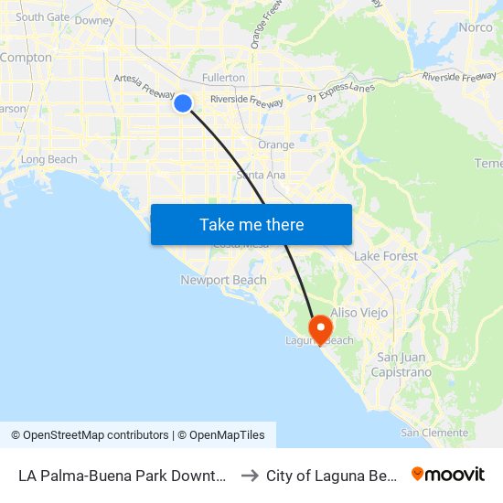 LA Palma-Buena Park Downtown to City of Laguna Beach map