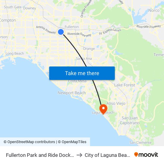 Fullerton Park and Ride Dock 5 to City of Laguna Beach map