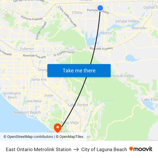 East Ontario Metrolink Station to City of Laguna Beach map