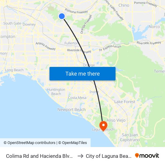 Colima Rd and Hacienda Blvd S to City of Laguna Beach map